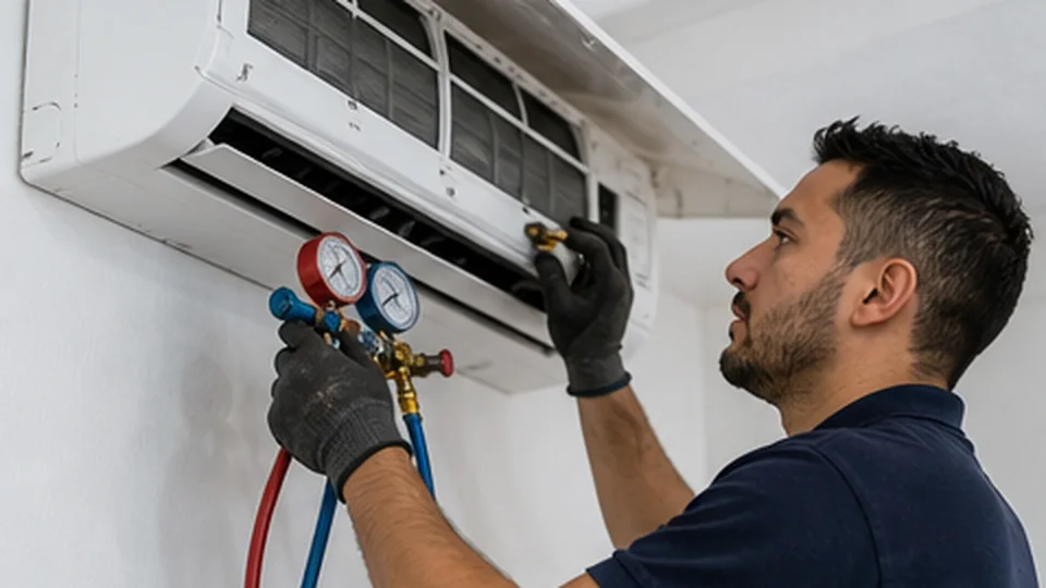 Técnico de climatización instalando un equipo de aire acondicionado